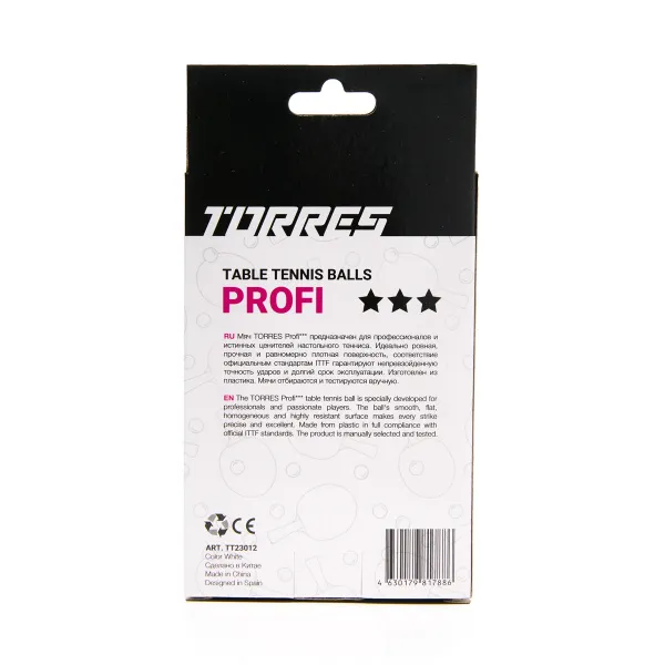 Мяч для наст. тенниса TORRES Profi 3*, TT23012, диам. 40+мм, упак. 6 шт, белый за 338.30 ₽ в Казани