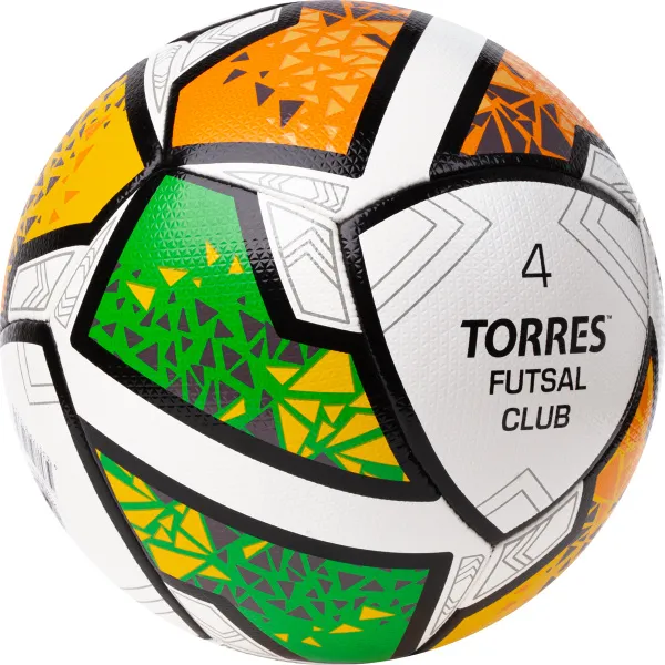 Мяч футзал. TORRES Futsal Club, FS323764, р.4, 10 пан. ПУ, 4 под. сл, гибрид. сш. бело-зел-оранж за 2&nbsp;264.40 ₽ в Казани